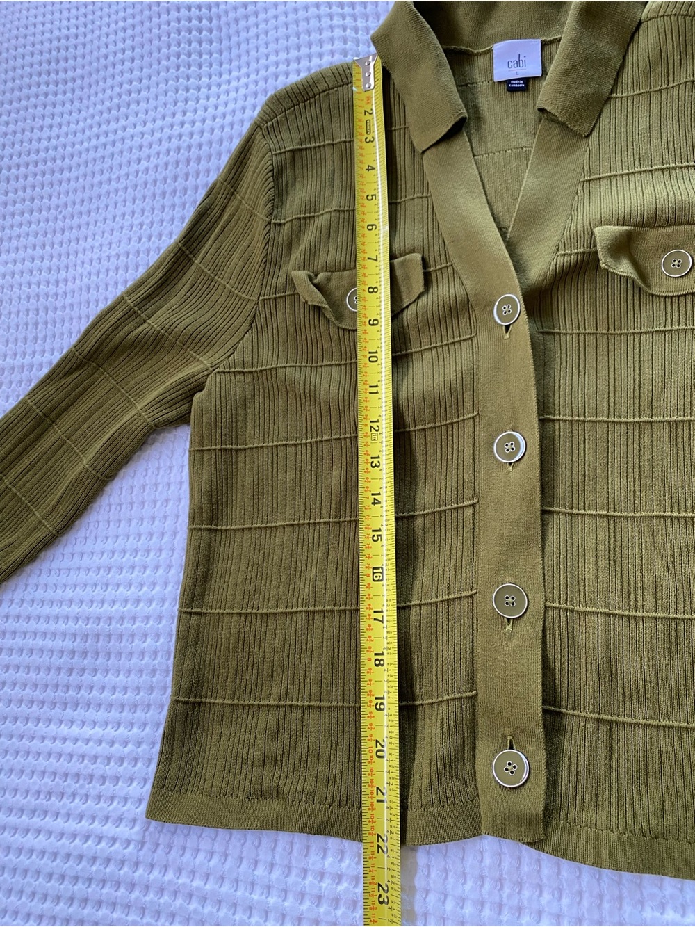 Cabi Exec Cardigan #4470 Olive Green Ribbed Button-Up Cardigan - Picture 10 of 14